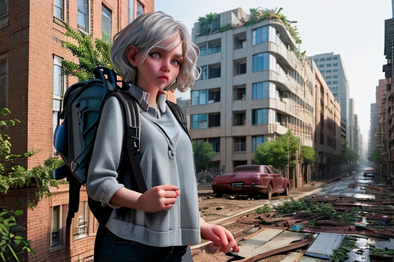 High resolution,high quality,(Perfect body),City overrun by plants,Building covered with plants,Ruined City,Collapsed building,Cracked road,One Girl,Short Hair,Silver Hair,(Large backpack:1.5),Tired look,Blank look,Bust Shot