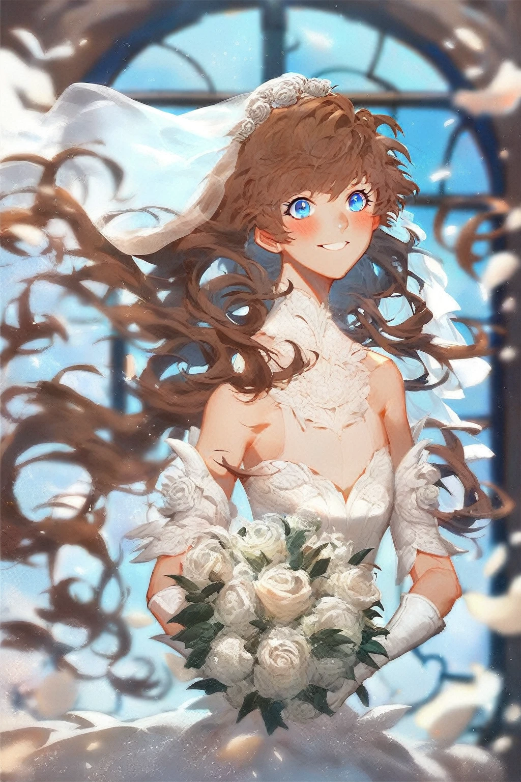 1 girl, blue eyes, brown hair, long hair with bangs, upper body, flowing hair, specks of dust in the air, light, day, dressed in a white wedding dress, white wedding gloves, holding a bouquet of white roses, white veil, open shoulders, neckline, middle chest, standing, at the ceremony, windows, blush, smile, detailed, beautiful, blurred background, delicate tones