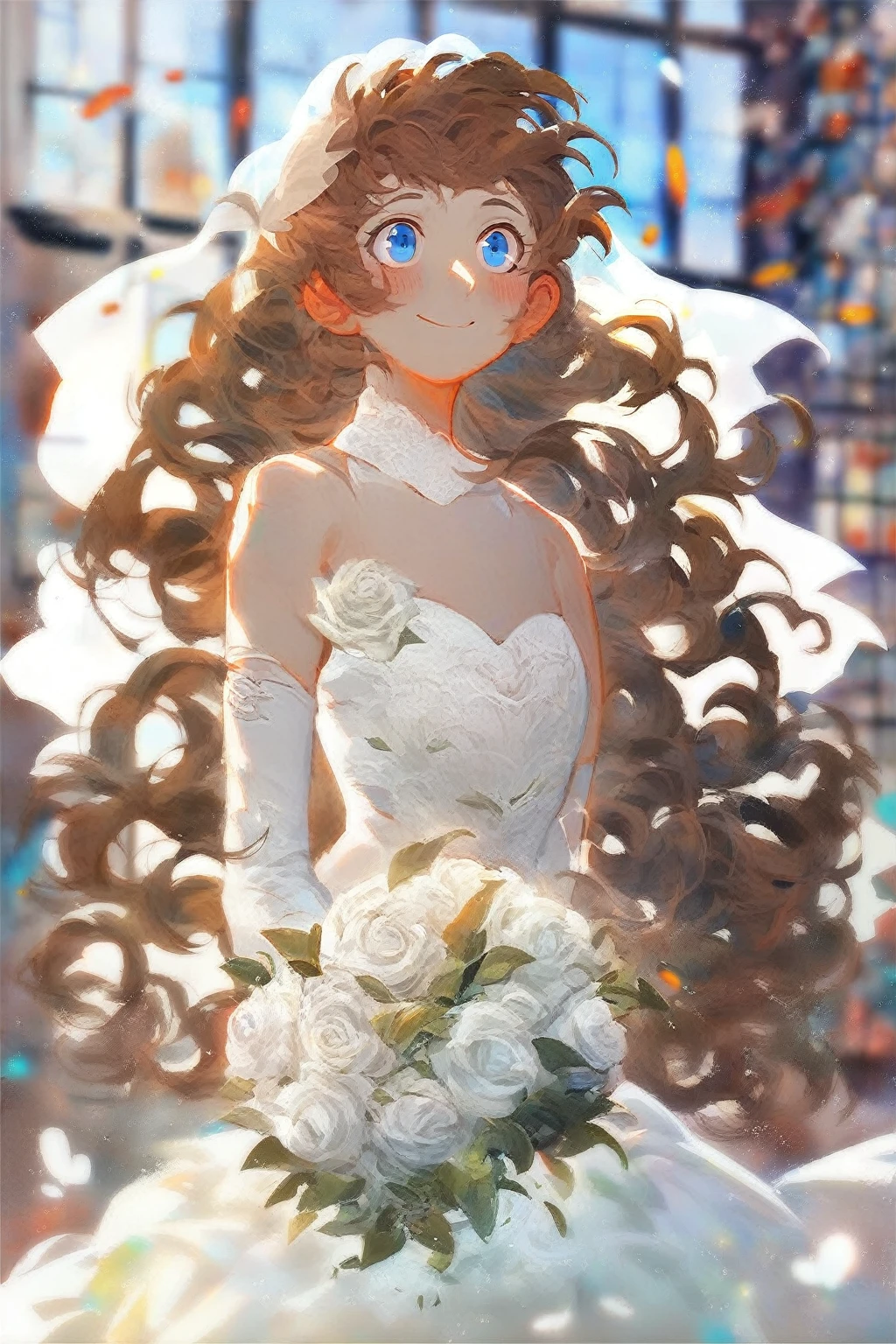 1 girl, blue eyes, brown hair, long hair with bangs, upper body, flowing hair, specks of dust in the air, light, day, dressed in a white wedding dress, white wedding gloves, holding a bouquet of white roses, white veil, open shoulders, neckline, middle chest, standing, at the ceremony, windows, blush, smile, detailed, beautiful, blurred background, delicate tones