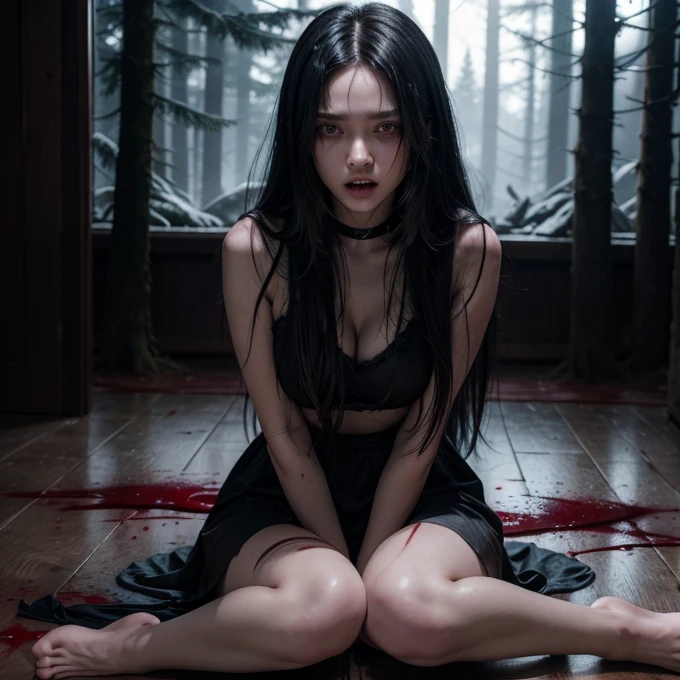 Woman, sharp teeth, red eyes, long black hair, covered in blood, sitting on the floor, middle of the night, dark forest