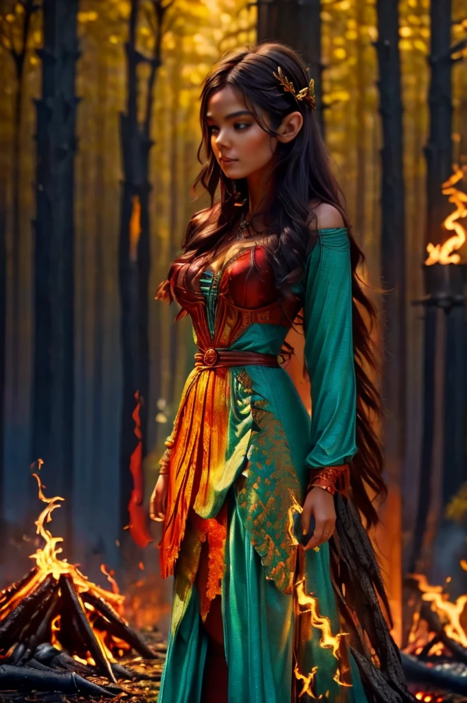 Masterpiece, hyperrealistic, a beautiful elf made of fire, dancing on a bonfire in a dark forest. The elf must have a body made of flames, with intricate details and rich textures that highlight her majesty and ethereal beauty. Your expression should be serene and powerful, with glowing eyes that convey wisdom and mystery. The scene should capture the intensity and movement of the fire, with dramatic lighting that highlights the fine details and texture of its flaming skin. The atmosphere of the forest should be gloomy, but with a vibrant contrast due to the glow of the flames. Include details in your clothing and accessories that add a touch of fantasy and realism.