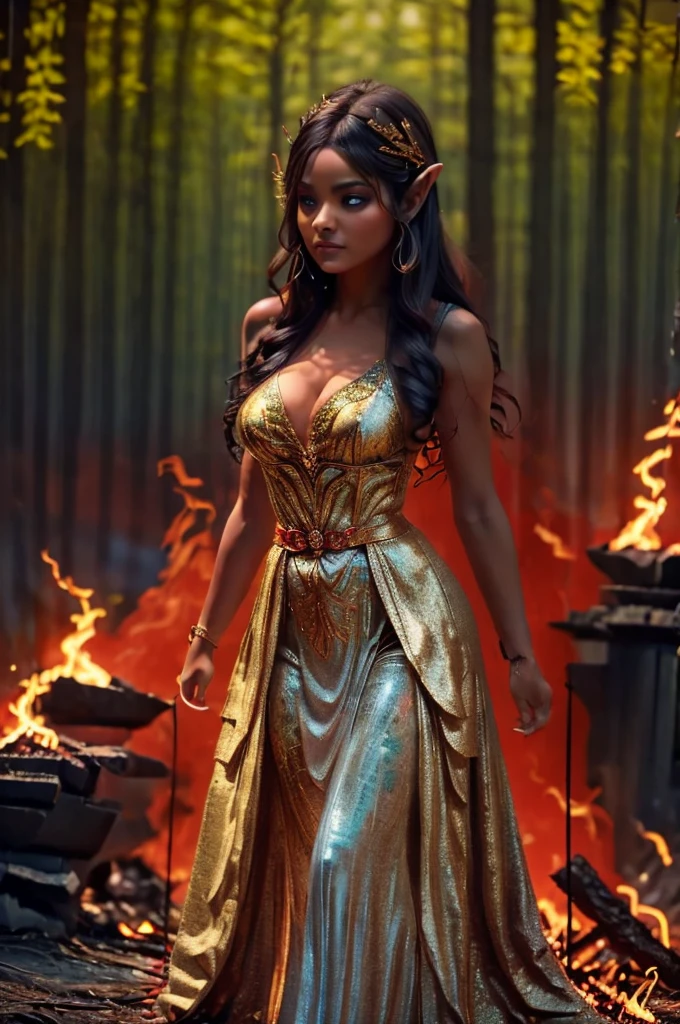 Masterpiece, hyperrealistic, a beautiful elf made of fire, dancing on a bonfire in a dark forest. The elf must have a body made of flames, with intricate details and rich textures that highlight her majesty and ethereal beauty. Your expression should be serene and powerful, with glowing eyes that convey wisdom and mystery. The scene should capture the intensity and movement of the fire, with dramatic lighting that highlights the fine details and texture of its flaming skin. The atmosphere of the forest should be gloomy, but with a vibrant contrast due to the glow of the flames. Include details in your clothing and accessories that add a touch of fantasy and realism.