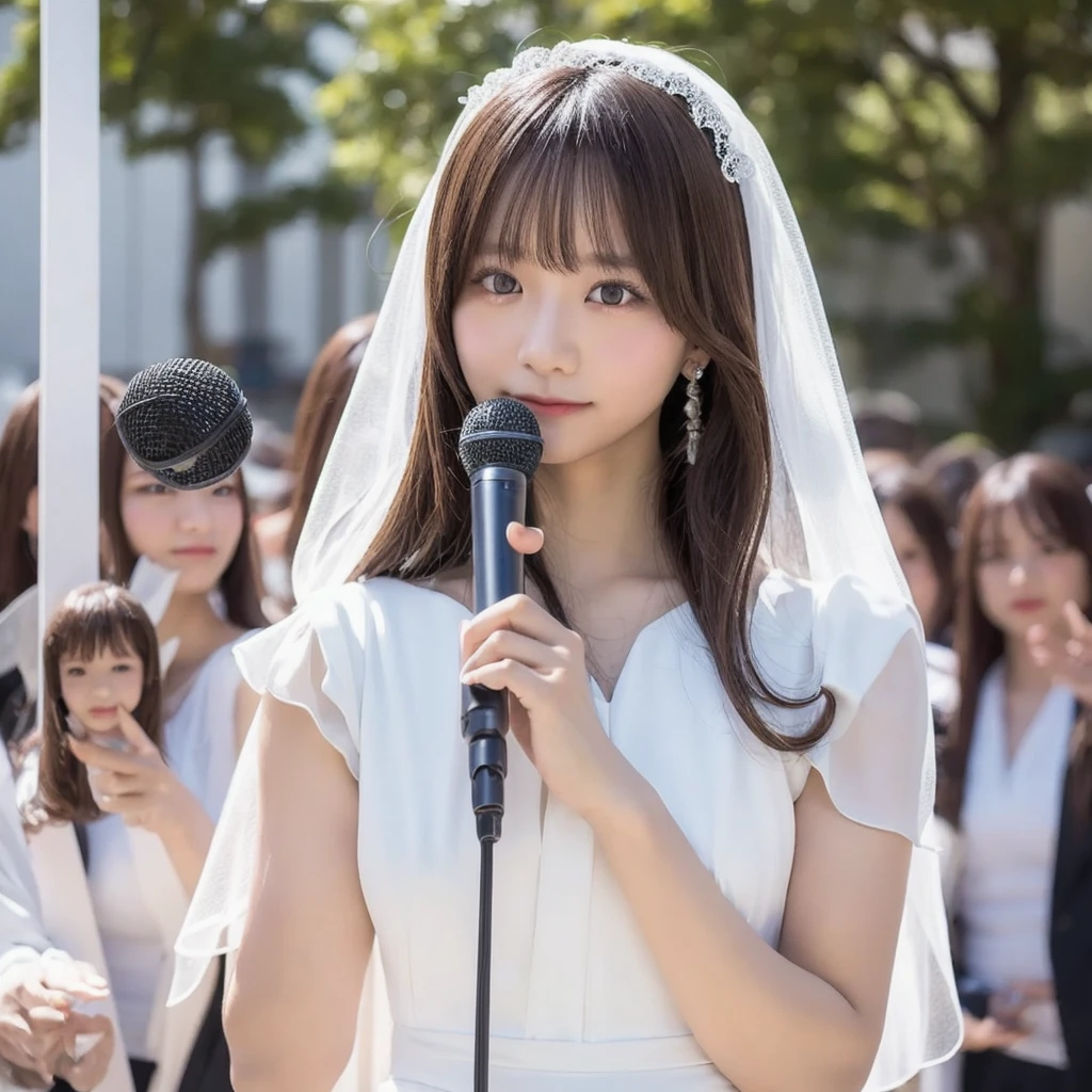 A beautiful young Japanese idol in a white dress and veil holding a microphone. Extremely detailed and realistic portrait, intricate anime cosplay, Instagram model, artcore style, lost in reverie. 8k resolution, Canon EOS R6 photography, background is bright, female body.