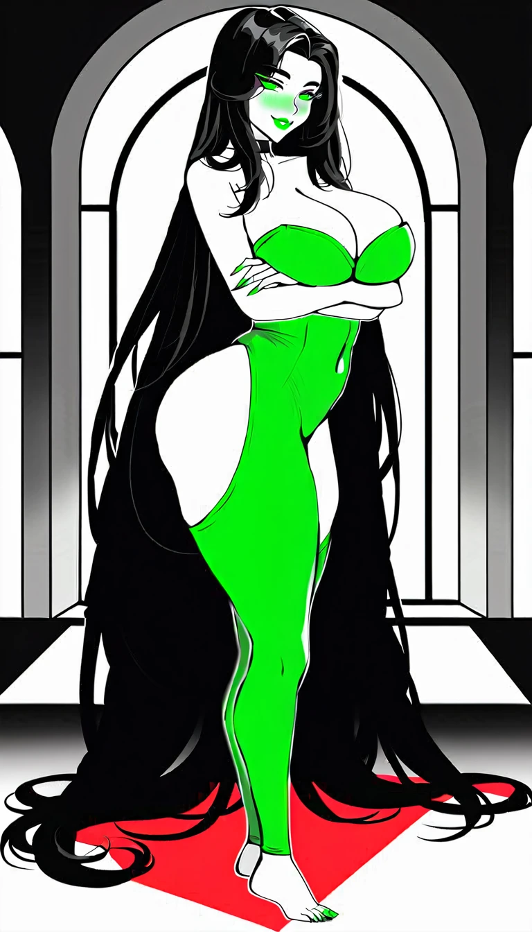 (((highly detailed))), (((high quality))), (((masterpiece))), (((beautiful))), (((full shot, back side view))), emily, (((by drogod))), athletic female, 5 fingers, 5 toes, big , large , white body, totally white skin, pale skin, emerald green nails, emerald green eyes, emerald green lipstick, eyelashes, eyeliner, black hair, black eyebrowns, thin eyebrowns, very long hair,  length hair, Ironed hair, hair on the forehead, bubble , , , emerald green highleg one pice  with gold strip, , feet detail, fingers, humanoid feet, humanoid hands,  face, in love to the viewer, large bum, looking at viewer, nails, partially visible , protective mother countenance, pose, (((standing))), sensual eye, bedroom eyes, sensual body, smile, soles, soft soles, arched soles, tiptoes, feet blush, sole blush, solo, sheap space, lying up, feet up, thick thighs, thighs together, toes, ((())), large thigs, (((high thighs))), (((high ))), wide ,  figure, curvaceous, absurd res, hi res, signature, in a spaceship next to a large window space