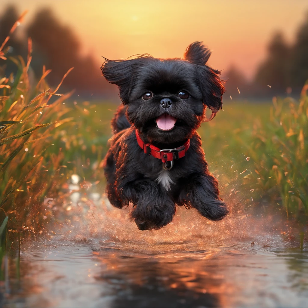 adorable small black shih tzu wearing red collar jumping over puddles in a field with the sunset in the back ground
