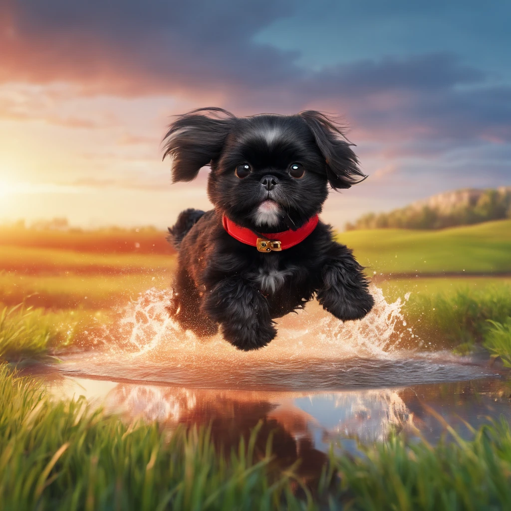 adorable small black shih tzu wearing red collar jumping over puddles in a field with the sunset in the back ground