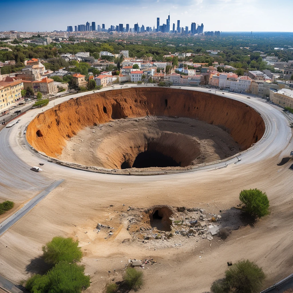 Arafed hole dug in the ground with the city in the background, deep sinkhole, sinkhole, sinkholes, huge Black round hole, posoriaristic, an Amazing photo, Black round hole, Great perspective, Amazing photo, Black Hole rising above city, John Coffert, Terrifying but fascinating, Big Groove, big, Disaster Photos, Black Hole