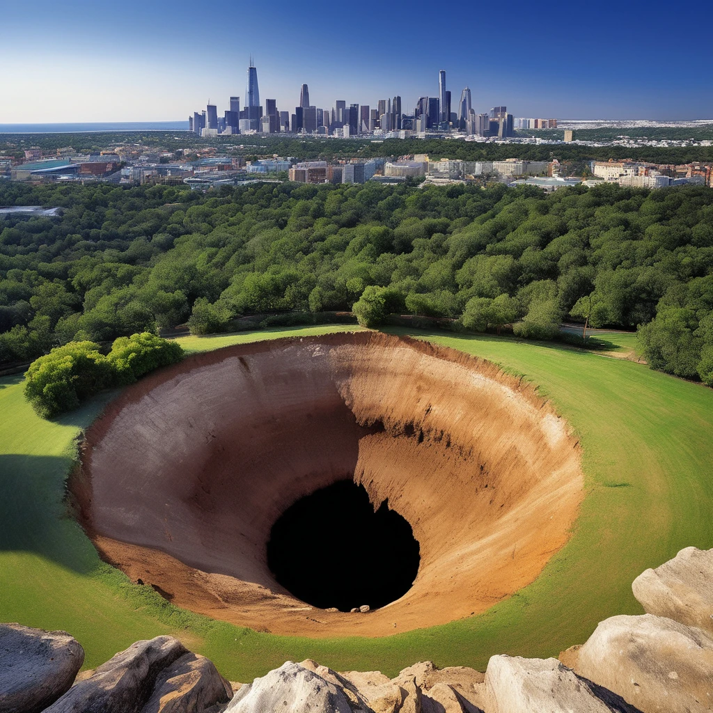 Arafed hole dug in the ground with the city in the background, deep sinkhole, sinkhole, sinkholes, huge Black round hole, posoriaristic, an Amazing photo, Black round hole, Great perspective, Amazing photo, Black Hole rising above city, John Coffert, Terrifying but fascinating, Big Groove, big, Disaster Photos, Black Hole
