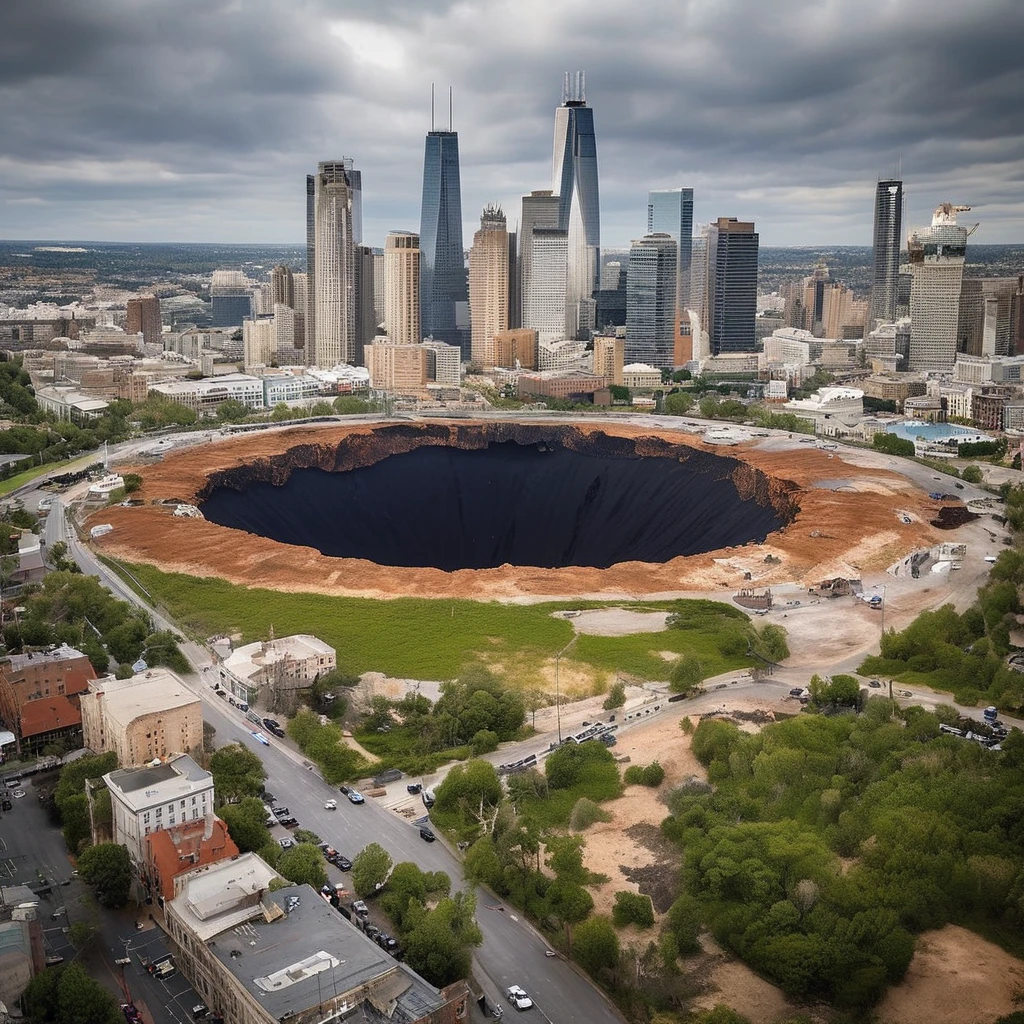 Arafed hole dug in the ground with the city in the background, deep sinkhole, sinkhole, sinkholes, huge Black round hole, posoriaristic, an Amazing photo, Black round hole, Great perspective, Amazing photo, Black Hole rising above city, John Coffert, Terrifying but fascinating, Big Groove, big, Disaster Photos, Black Hole