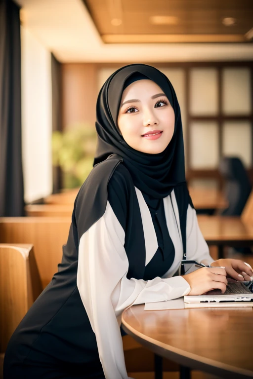 a gorgeous 42 year old busty indonesian woman, formal hijab suit with blazer, beautiful smile, boss, full body portrait,(best quality,4k,8k,highres,masterpiece:1.2),ultra-detailed,(realistic,photorealistic,photo-realistic:1.37),hyper detailed face,extremely detailed eyes and face,detailed makeup,long eyelashes,beautiful detailed lips,elegant pose,confident expression,warm lighting,cinematic angle,office interior background,high quality,intricate details