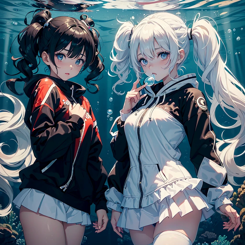 (1girl ahoge), (1girl covering one eye), (1girl long hair), (1girl curly), (1girl wavy hair), (1girl messy hair), (1girl curly hair), (1girl shiny hair), (1girl spiked hair), (1girl white hair), (1girl white eyes), (1girl irisless eyes), (1girl white jitome), (1girl pale skin), (1girl white hoodie), (1girl white pants),
(2girl black hood), (2girl black jacket), (2girl scary face), (2girl black costume), (2girl black gloves), (2girl evil smiling), (2girl curly), (2girl covering one eye), (2girl hair over one eye), (2girl black hair), (2girl black eyes), (2girl black skin), (2girl twintails), (2girl low twintails),
(caustics, masterpiece, best quality, high quality, ultra detailed), (In the town:1.5), scenery, fish, bubble, blue theme, (underwater:1.5), (air bubble:1.4), (bubble blowing:1.3),