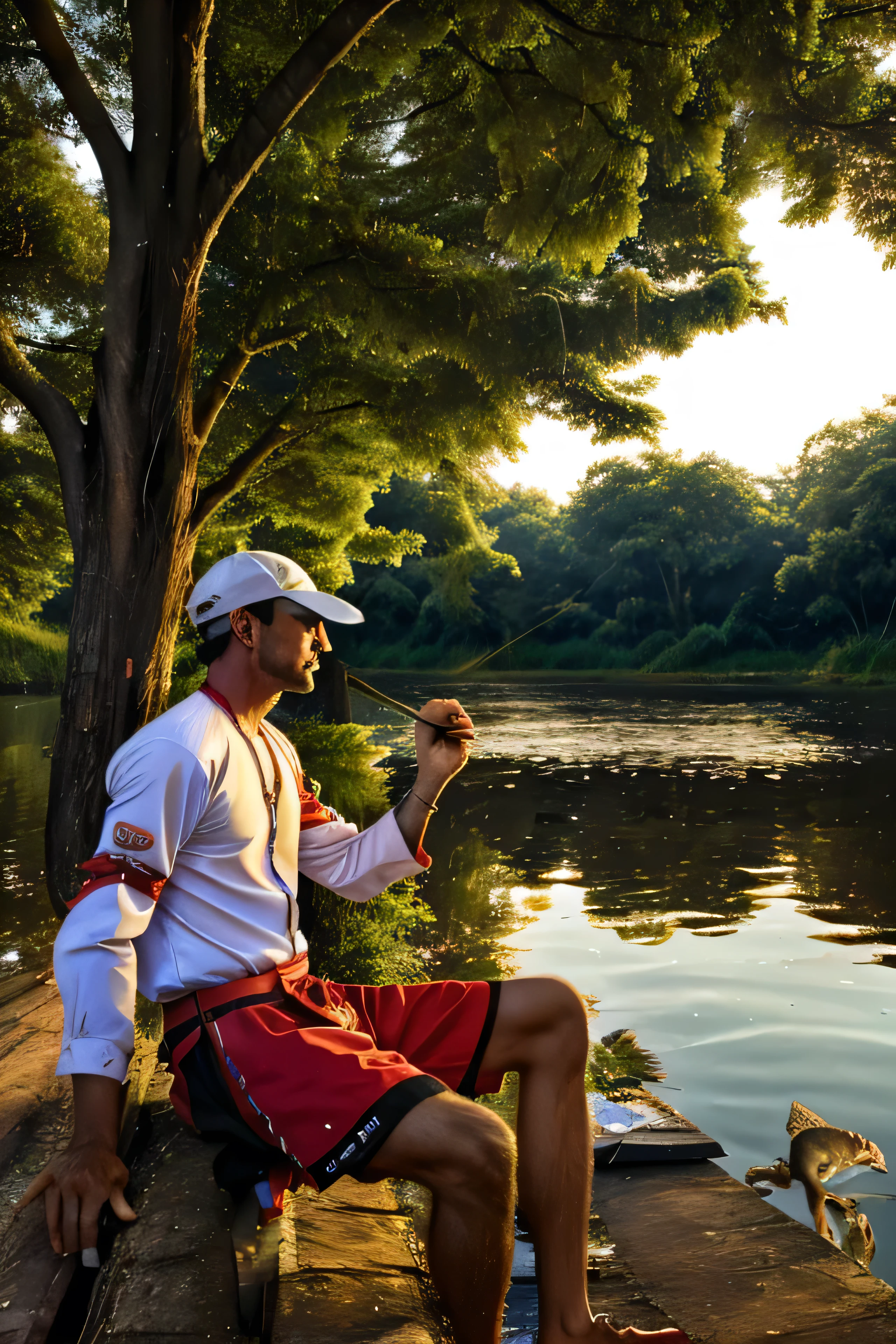 A man fishing fish on the bank of the river a monkey sitting on a tree which is near of that man monkey eating a berry it's evening time and a crocodile whose teeth out of his mouth waiting a fish