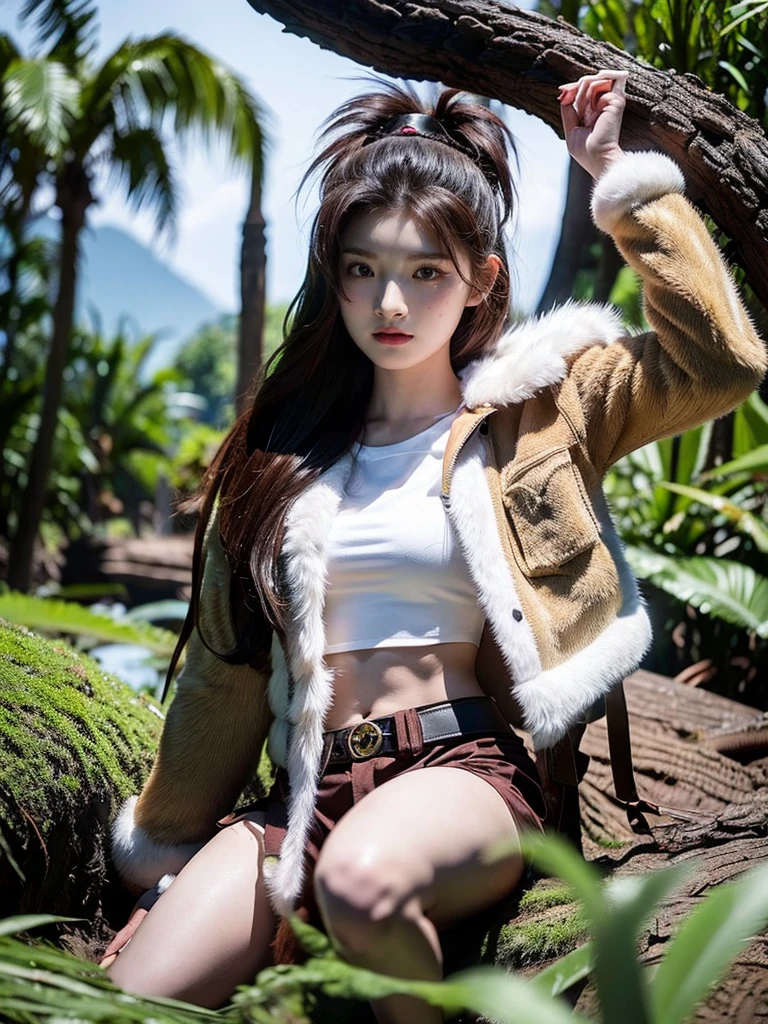Chica linda como wang yiren, in jurassic park jurassic park with a dinosaur , beautiful fur.