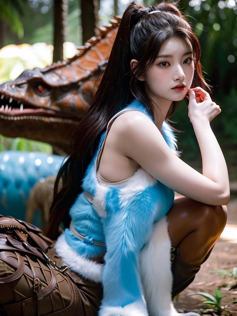 Chica linda como wang yiren, in jurassic park jurassic park with a dinosaur , beautiful fur.