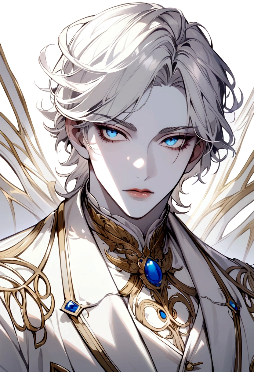 handsome man, white skin, thin lips, white hair, blue eyes, wearing a white jacket
