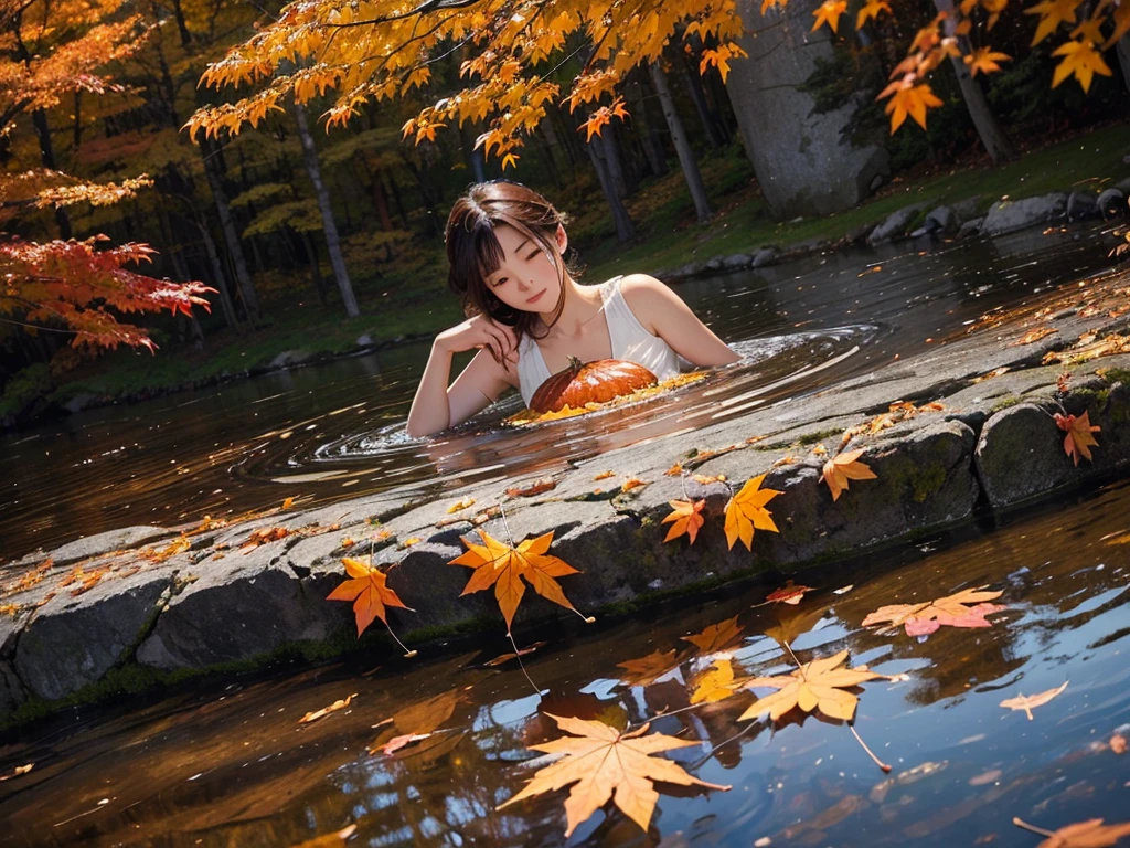 A richly detailed and intricately delicate image captures the essence of autumn as maple syrup overflows from a faucet attached to a majestic maple tree. In the foreground, a warm pancake awaits to be drizzled with the sweet liquid gold. A vibrant maple leaf and a backdrop of colorful autumn leaves complete the scene. This exquisite painting radiates warmth and captures the beauty of nature's bounty in stunning detail.