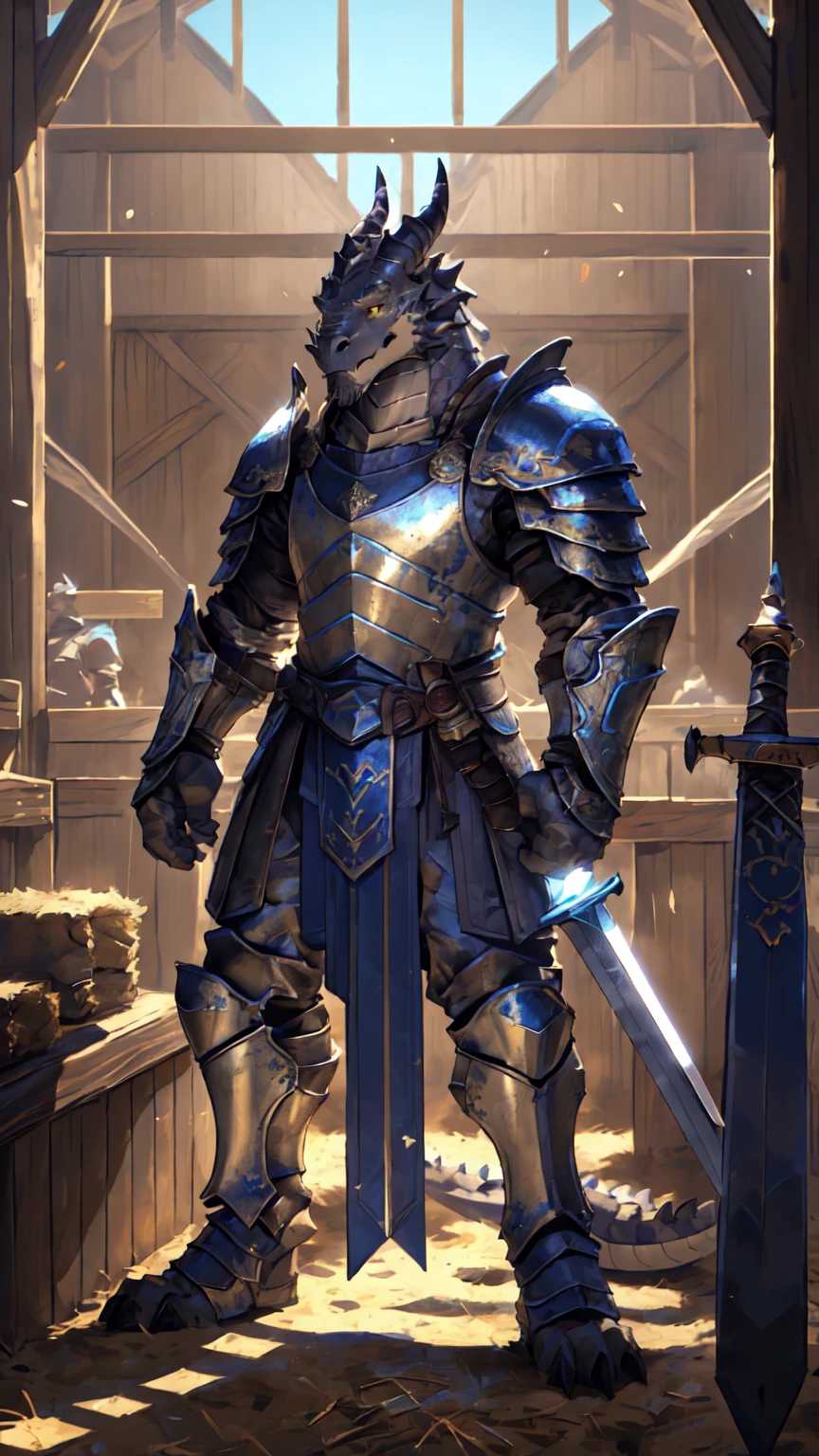 Medieval background:1.6,((Crusu:1.6)),Sunlight,high resolution,4K,gay,(((whole body:1.1))),(Fighting Stance),masterpiece,high quality,Calm and calm,((dragon)),male,dragonFurry,(ager:1.3),hairy,((Stable,Handsome face:1.4)),((peaceful)),((Holding a long sword:1.3)),(((strong:1.4,Long legs:1.3,粗壮dragon尾:1.2))),(((Gray head:1.2,Golden pupils:1.1,White neck:1.3,Gray back of hand:1.4,White muscles:1.3))),(((White Armor:1.3,Armor has a blue banner:1.4))),Mature face,Exquisite eyes,Detailed body,Detailed hands,Detailed feet,Kenket's style