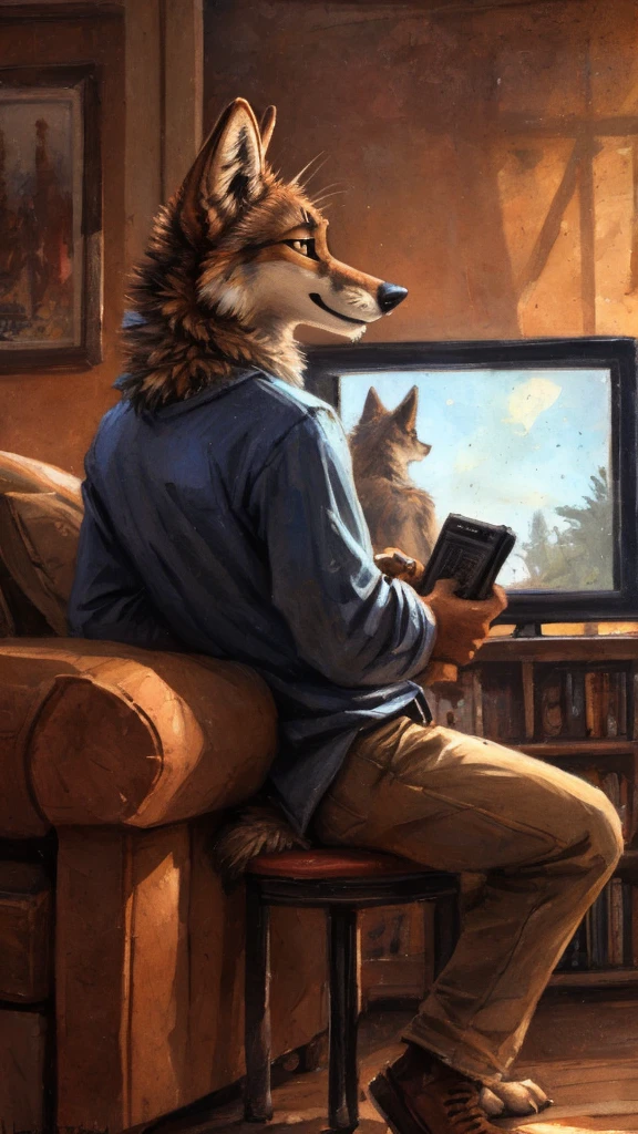 anthro coyote watching tv,by kenket,side view