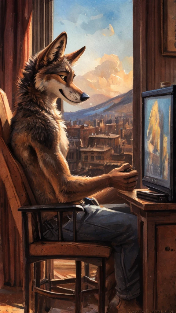 anthro coyote watching tv,by kenket,side view