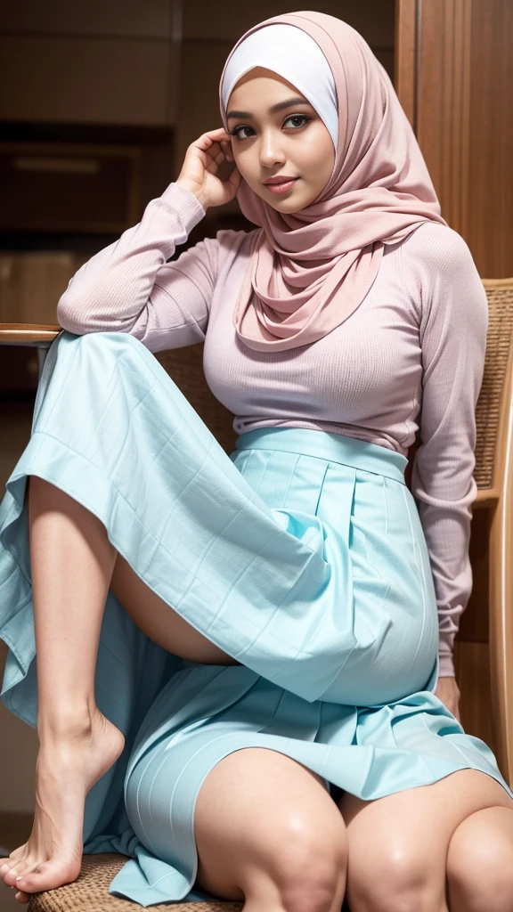 RAW, (Best quality, high resolution, work: 1.3), Beautiful Malay woman in hijab, perfect fit body, Big breasts, Beautiful big eyes, Soft smile, beautiful face, slightly open mouth, thick thighs, beautiful buttocks, , beautiful big eyes , gentle smile, beautiful girl, detailed face, Muslim woman sitting on a chair in a blue sweater and white skirt, long skirt in cute pastel shades, wearing a long flowy fabric, casual pose, wearing casual clothes, very long pleated skirt, wearing casual clothing, white hijab , with a beautiful look Beautiful, perfect lighting, 8k