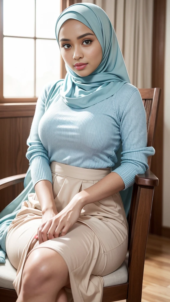 RAW, (Best quality, high resolution, work: 1.3), Beautiful Malay woman in hijab, perfect fit body, Big breasts, Beautiful big eyes, Soft smile, beautiful face, slightly open mouth, thick thighs, beautiful buttocks, , beautiful big eyes , gentle smile, beautiful girl, detailed face, Muslim woman sitting on a chair in a blue sweater and white skirt, long skirt in cute pastel shades, wearing a long flowy fabric, casual pose, wearing casual clothes, very long pleated skirt, wearing casual clothing, white hijab , with a beautiful look Beautiful, perfect lighting, 8k