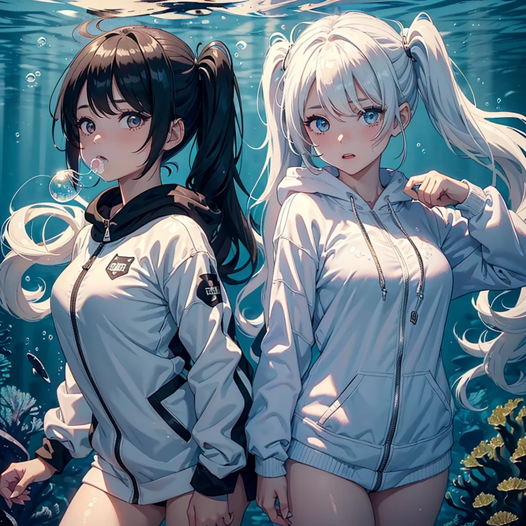(1girl ahoge), (1girl covering one eye), (1girl long hair), (1girl curly), (1girl wavy hair), (1girl messy hair), (1girl curly hair), (1girl shiny hair), (1girl spiked hair), (1girl white hair), (1girl white eyes), (1girl irisless eyes), (1girl white jitome), (1girl pale skin), (1girl white hoodie), (1girl white pants),
(2girl black hood), (2girl black jacket), (2girl scary face), (2girl black costume), (2girl black gloves), (2girl evil smiling), (2girl curly), (2girl covering one eye), (2girl hair over one eye), (2girl black hair), (2girl black eyes), (2girl black skin), (2girl twintails), (2girl low twintails),
(caustics, masterpiece, best quality, high quality, ultra detailed), (In the town:1.5), scenery, fish, bubble, blue theme, (underwater:1.5), (air bubble:1.4), (bubble blowing:1.3),