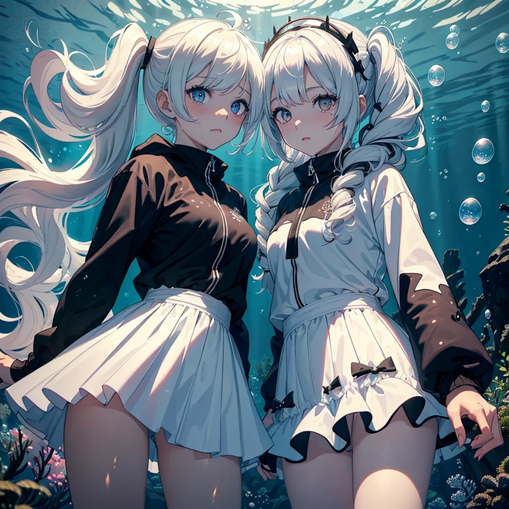 (1girl ahoge), (1girl covering one eye), (1girl long hair), (1girl curly), (1girl wavy hair), (1girl messy hair), (1girl curly hair), (1girl shiny hair), (1girl spiked hair), (1girl white hair), (1girl white eyes), (1girl irisless eyes), (1girl white jitome), (1girl pale skin), (1girl white hoodie), (1girl white pants),
(2girl black hood), (2girl black jacket), (2girl scary face), (2girl black costume), (2girl black gloves), (2girl evil smiling), (2girl curly), (2girl covering one eye), (2girl hair over one eye), (2girl black hair), (2girl black eyes), (2girl black skin), (2girl twintails), (2girl low twintails),
(caustics, masterpiece, best quality, high quality, ultra detailed), (In the town:1.5), scenery, fish, bubble, blue theme, (underwater:1.5), (air bubble:1.4), (bubble blowing:1.3),