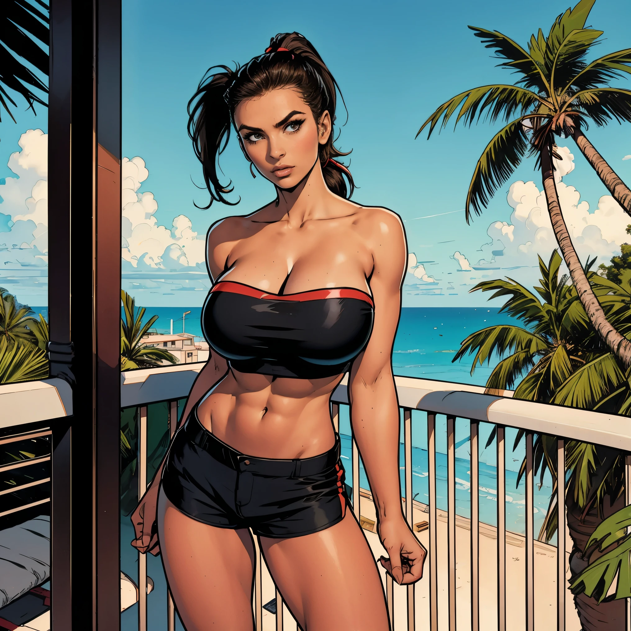 Extremely busty thin and toned brunette photographer, college girl, fair skin, huge ponytail, soft face, athletic, tiny red strapless tube top, sporty black shorts. Standing, balcony, palm trees.