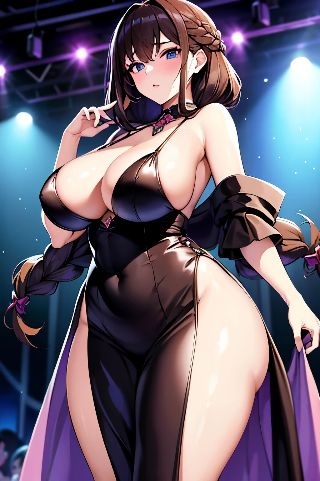 Beautiful brunette girl at a crowded nightclub, she's wearing a beautiful dress, she has medium sized oppai, she's very pretty and elegant, her hair is braided, she's wearing nice makeup, she has wide hips, thick thighs, SFW, safe for work, she looks a little nervous