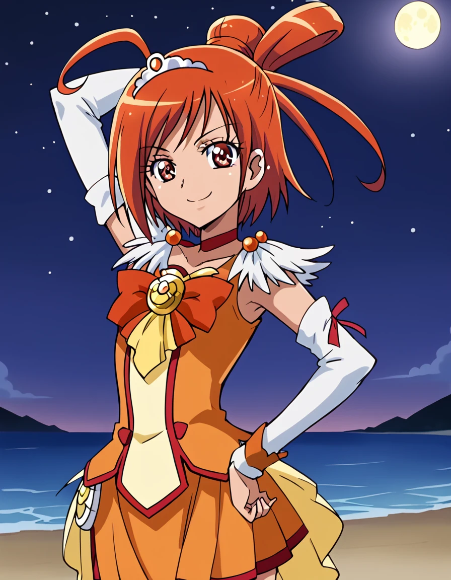 curesunny, shiny skin, high quality, solo, 1girl, night sky, beach, arm behind head, hand on hip, (contrapposto), closed mouth, spread armpits, (cowboy shot:1.5), looking at viewer, best quality, smile,