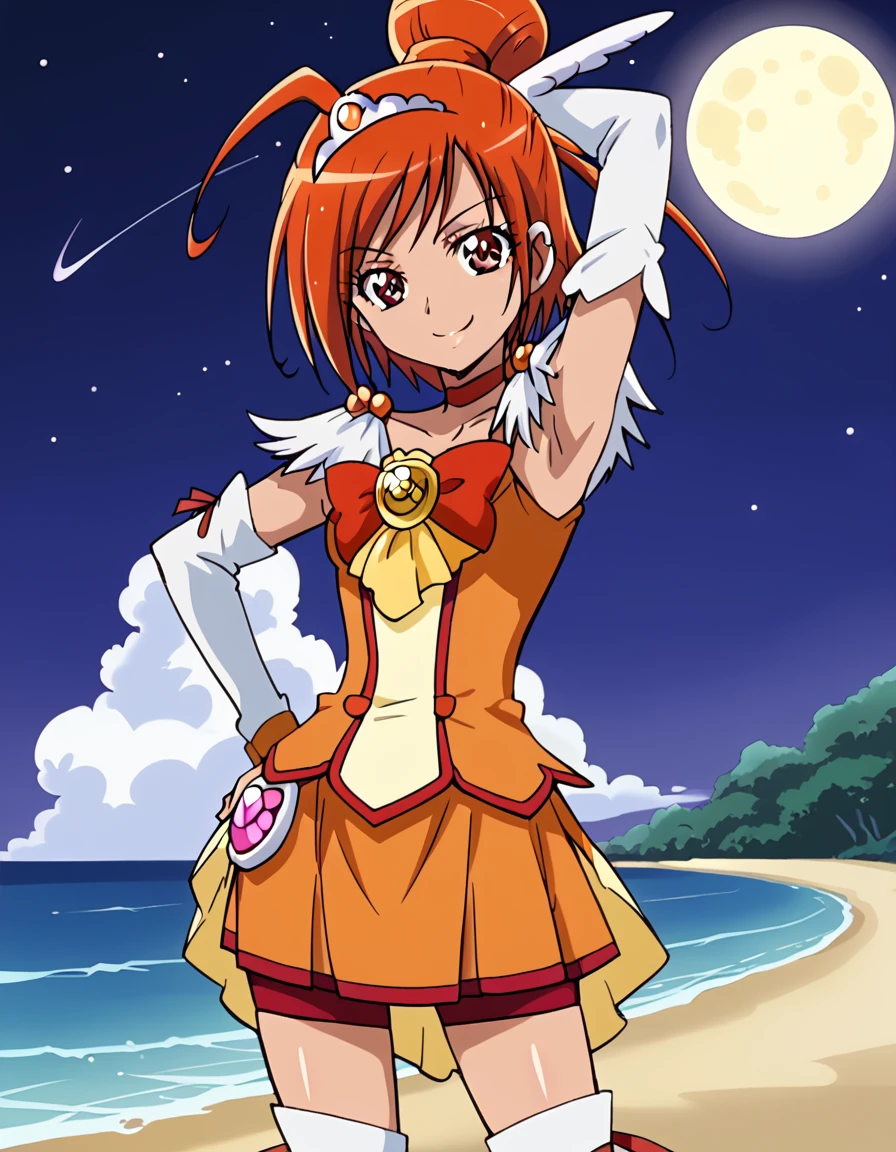 curesunny, shiny skin, high quality, solo, 1girl, night sky, beach, arm behind head, hand on hip, (contrapposto), closed mouth, spread armpits, (cowboy shot:1.5), looking at viewer, best quality, smile,