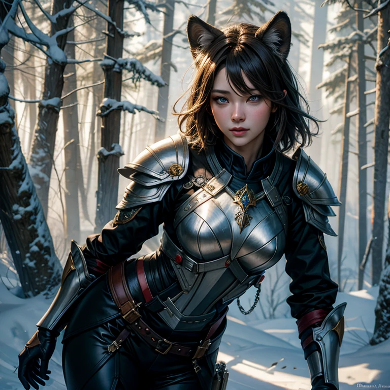  "snow lioness, playing in the snow, In the woods, at daytime, (blurred, fondo blurred), blue eyes, neopador tail, short hair, light brown hair, looking at the viewer, black shirt, layer amarilla ,, armor, layer, old, pleasure face, tooth shown, [ Dagasi, ancesra, Foxovh, personalize me, einshelm, Tom_fishbach, zackary911, major,shuro, wolfwing, hanuvo, tabhead, zinfyu, seraziel, kemono, Pino Daen, by Ruan Jia, Skygracer, Alayna Lemmer,]." 