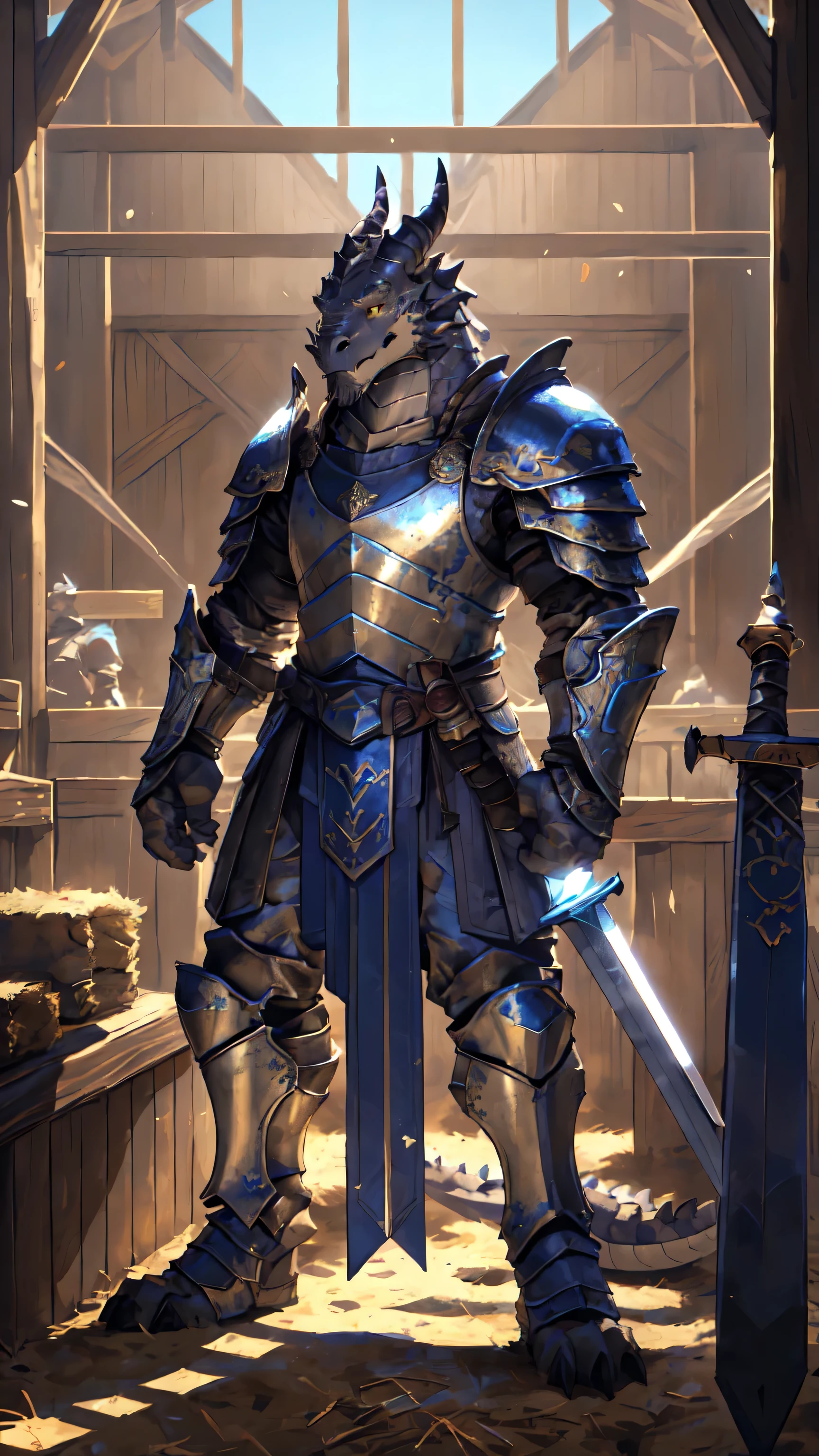 Medieval background:1.6，((Crusu:1.6))，Sunlight，high resolution，4K，gay，(((whole body:1.1)))，(Fighting Stance)，masterpiece，high quality，Calm and calm，((dragon))，male，dragonFurry，(teenager:1.3)，hairy，((stable，Handsome face:1.4))，((peaceful))，((Holding a long sword:1.3))，(((strong:1.4，Long legs:1.3，Thick dragon tail:1.2)))，(((Gray head:1.2，Golden pupils:1.1，White neck:1.3，Gray back of hand:1.4，White muscles:1.3)))，(((White Armor:1.3，Armor has a blue banner:1.4)))，Mature face，Exquisite eyes，Detailed body，Detailed hands，Detailed feet，kenket&#39;s style