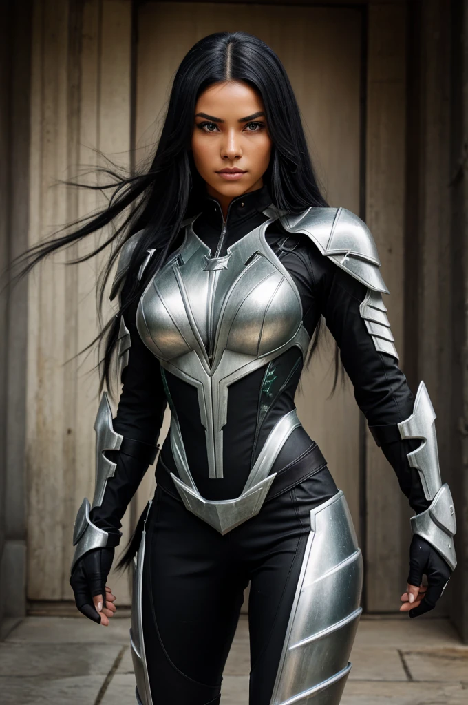 Kaida has long, flowing black hair with streaks of silver, symbolizing her control over lightning. She has a fierce, determined look and bright green eyes. Her skin is tanned from her time spent outdoors.She wears a fitted, black and silver combat suit that allows for maximum agility, adorned with lightning motifs. She carries a pair of short swords that can conduct electricity.