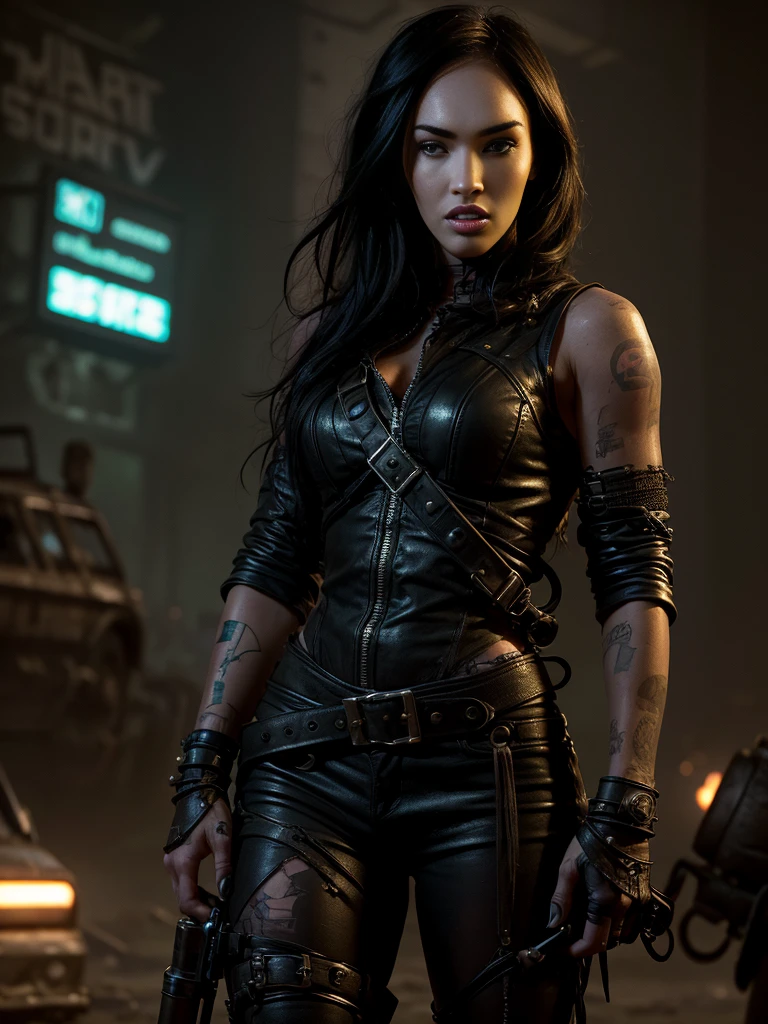 portrait 1 young woman ,science fiction, complex background  punk, mad max , futuristic, post-apocalyptic, dark, dim light, ((masterpiece, best quality, )),megan.fox