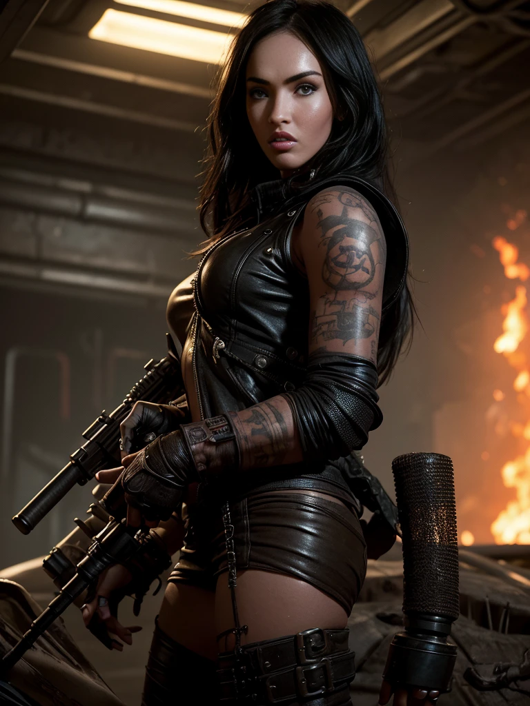 portrait 1 young woman ,science fiction, complex background  punk, mad max , futuristic, post-apocalyptic, dark, dim light, ((masterpiece, best quality, )),megan.fox