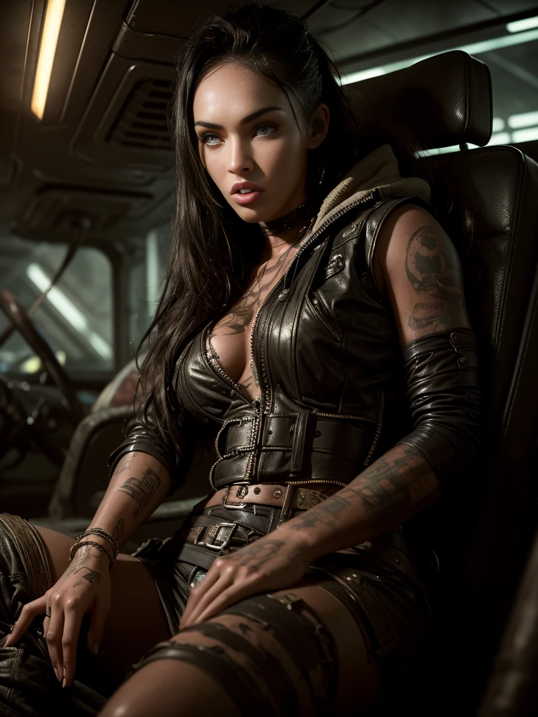 portrait 1 young woman ,science fiction, complex background  punk, mad max , futuristic, post-apocalyptic, dark, dim light, ((masterpiece, best quality, )),megan.fox