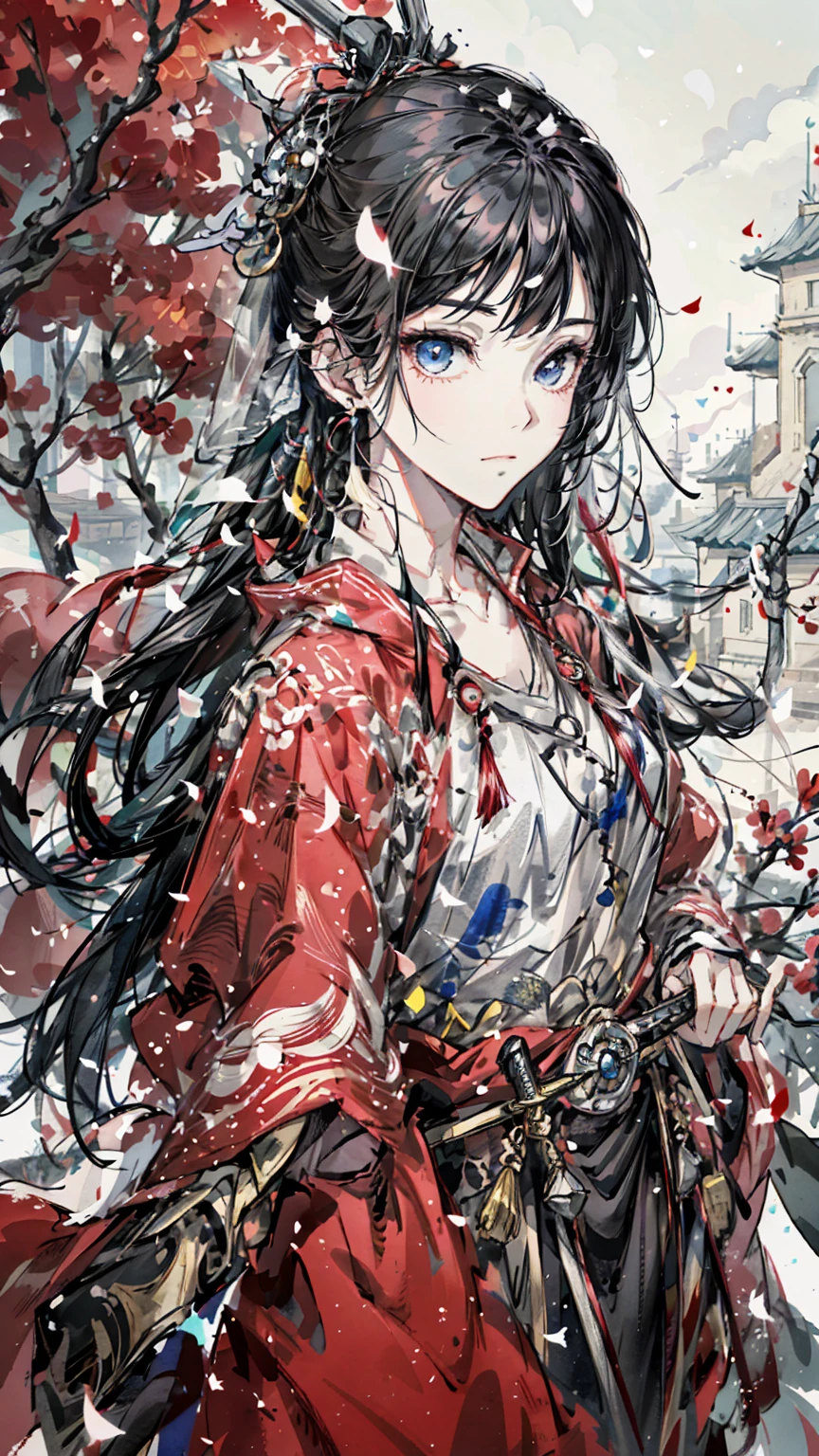 A painting of a woman wearing a veil and a sword, Beautiful character painting, Guviz, Guviz-style artwork, Guweiz in Pixiv ArtStation, Guweiz on ArtStation Pixiv, a beautiful anime portrait, Beautiful anime woman, guweiz masterpiece, style of anime4 K, Palace ， A girl in Hanfu，Sword in hand