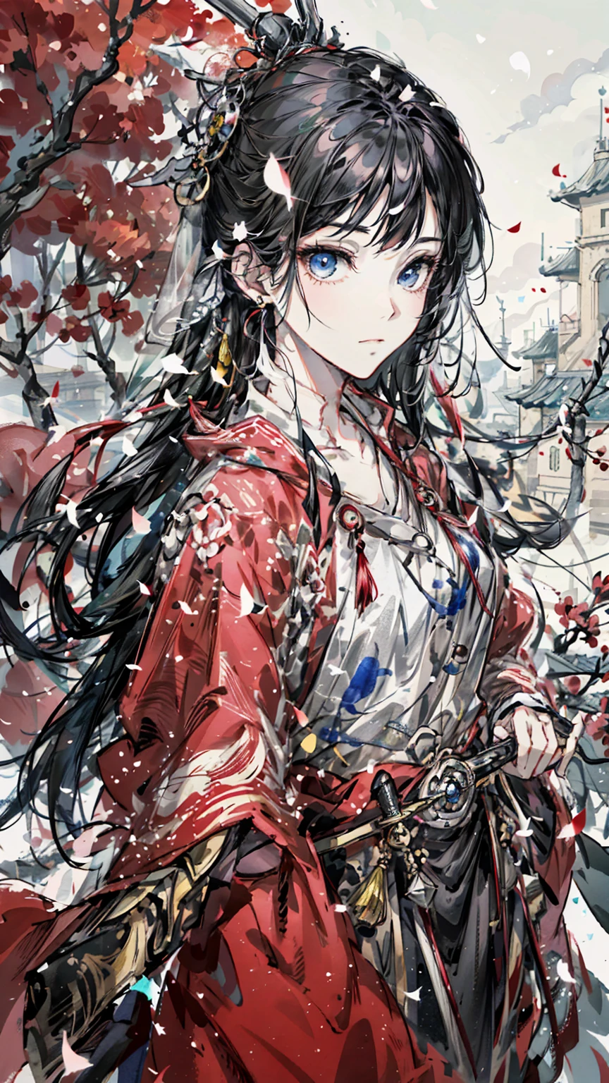 A painting of a woman wearing a veil and a sword, Beautiful character painting, Guviz, Guviz-style artwork, Guweiz in Pixiv ArtStation, Guweiz on ArtStation Pixiv, a beautiful anime portrait, Beautiful anime woman, guweiz masterpiece, style of anime4 K, Palace , A girl in Hanfu,Sword in hand