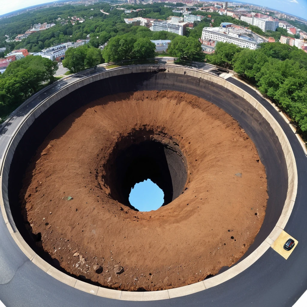 Arafed hole dug in the ground with the city in the background, deep sinkhole, sinkhole, sinkholes, huge Black round hole, posoriaristic, an Amazing photo, Black round hole, Great perspective, Amazing photo, Black Hole rising above city, John Coffert, Terrifying but fascinating, Big Groove, big, Disaster Photos, Black Hole