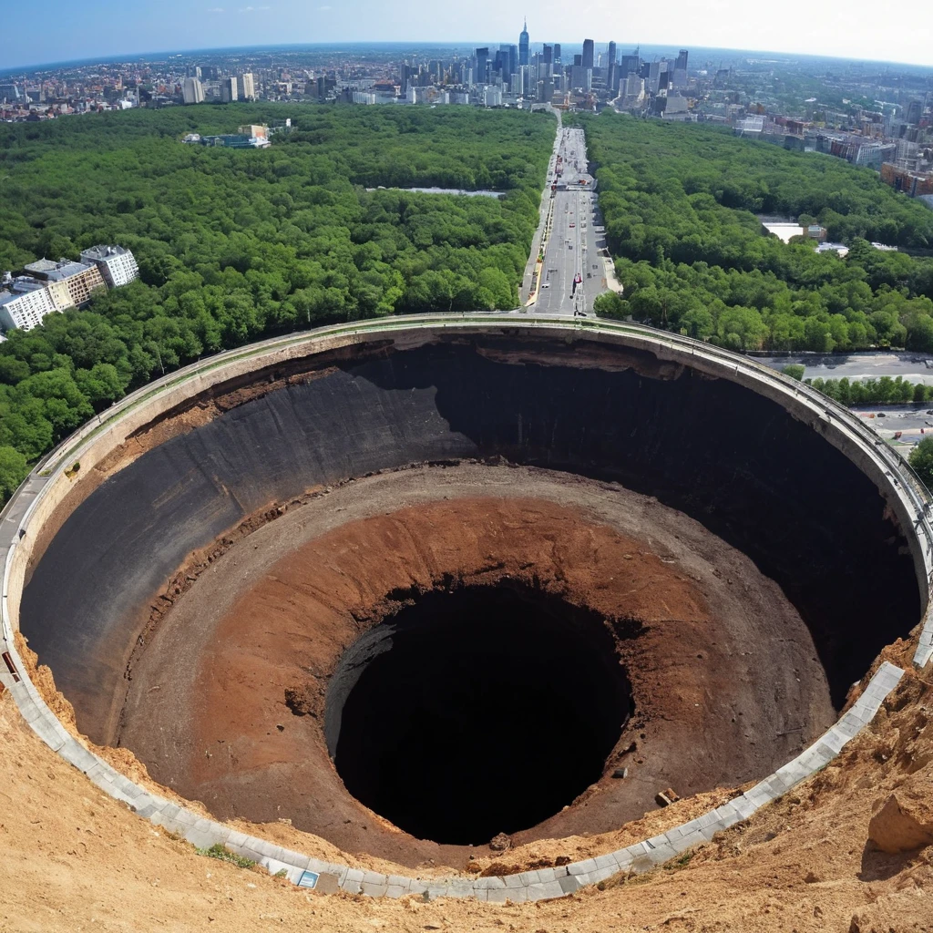 Arafed hole dug in the ground with the city in the background, deep sinkhole, sinkhole, sinkholes, huge Black round hole, posoriaristic, an Amazing photo, Black round hole, Great perspective, Amazing photo, Black Hole rising above city, John Coffert, Terrifying but fascinating, Big Groove, big, Disaster Photos, Black Hole