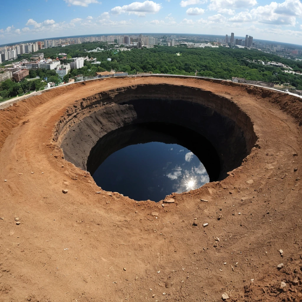 Arafed hole dug in the ground with the city in the background, deep sinkhole, sinkhole, sinkholes, huge Black round hole, posoriaristic, an Amazing photo, Black round hole, Great perspective, Amazing photo, Black Hole rising above city, John Coffert, Terrifying but fascinating, Big Groove, big, Disaster Photos, Black Hole