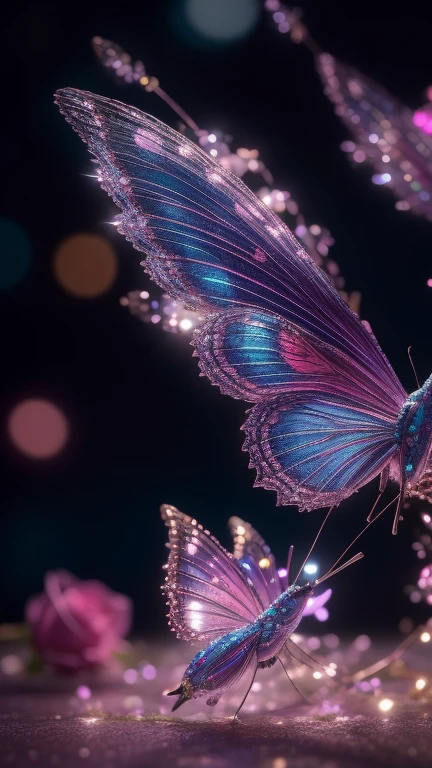 Crystal fantasy, Roses, full color, toe up, Countless crystal feathers flutter in the air, fantasy, galaxy, Transparent, shallow depth of field, nefritovoe boke, Sparkling, Sparkling, deafening, Colorful, magic photography, dramatic lighting, Photorealism, ultra detail, 4K, INFLUENZA, A high resolution