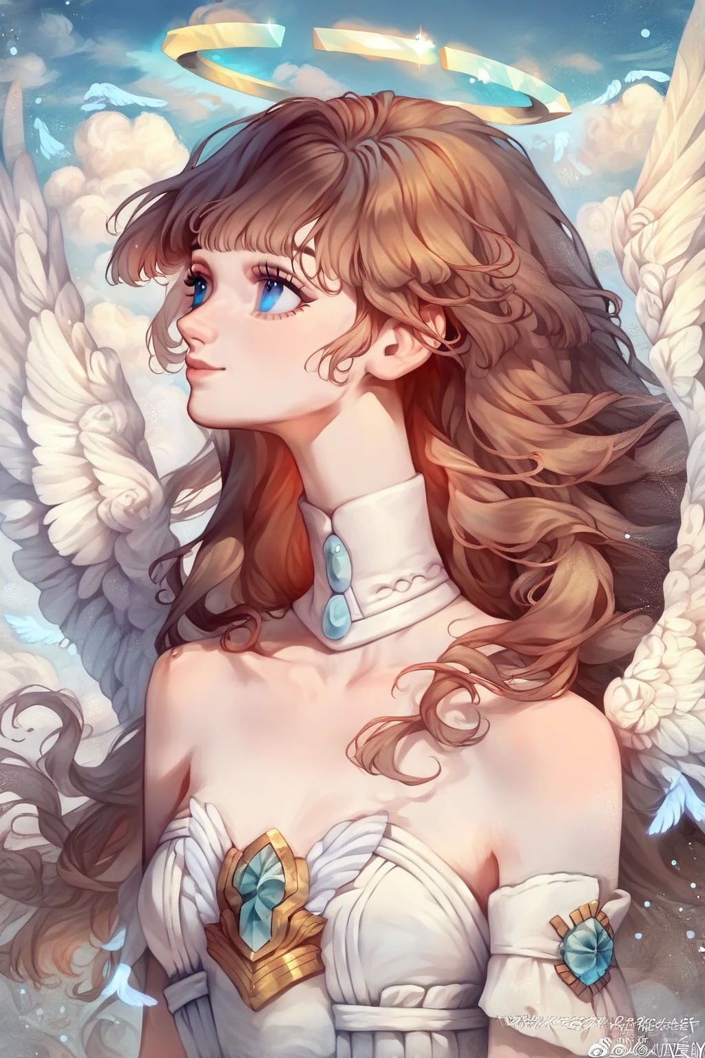 1 girl, CuteStyle, blue eyes, upper body, brown hair, long hair with bangs, dressed in a white dress, bare shoulders, neckline, medium chest, white fingerless wedding gloves, white angel wings, white halo above her head, looking away, on the street, calm gaze, smile, light, beautiful clouds, specks of dust In the air, detailed, beautiful, delicate tones