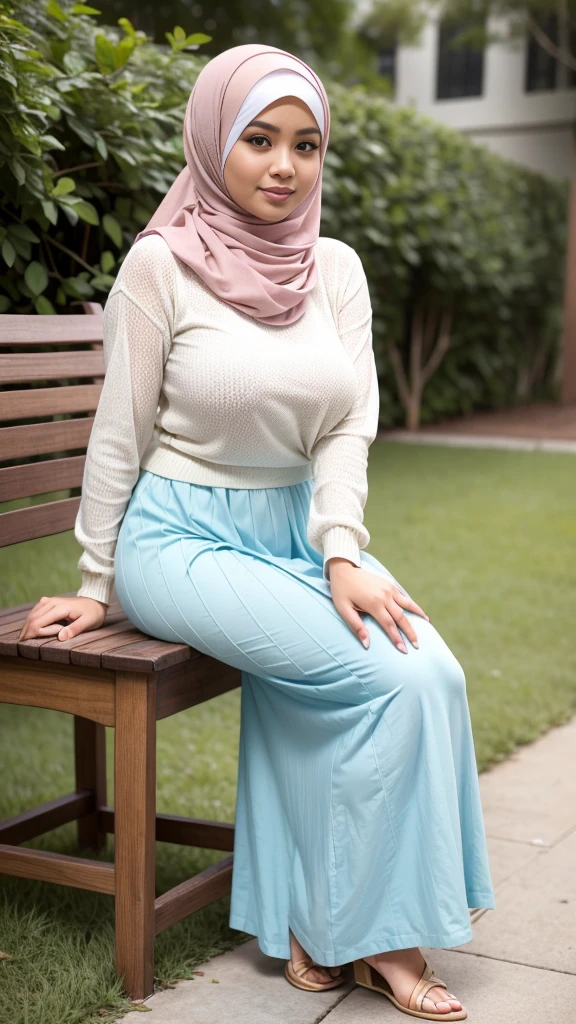 RAW, (Best quality, high resolution, work: 1.3), Beautiful Malay woman in hijab, perfect fit body, Big breasts, Beautiful big eyes, Soft smile, beautiful face, slightly open mouth, thick thighs, beautiful buttocks, , beautiful big eyes , gentle smile, beautiful girl, detailed face, Muslim woman sitting on a chair in a blue sweater and white skirt, long skirt in cute pastel shades, wearing a long flowy fabric, casual pose, wearing casual clothes, very long pleated skirt, wearing casual clothing, white hijab , with a beautiful look Beautiful, perfect lighting, 8k