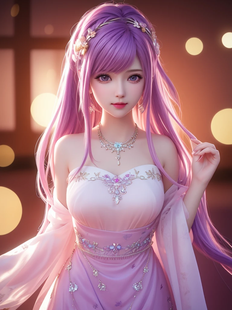 best quality, masterpiece, High target, 1 Girl, , Hair Decorationss, necklace, Decorations, Pretty Face, When the body, Tyndall effect, Realistic Portraits, Dark Studio, Edge lighting, Two-color light, (Very delicate skin:1.2), 8K uhd, Digital SLR Camera, Soft Light, high quality, Volumetric Lighting, Honest, photo, high resolution, 4K, 8K, Bokeh, Purple hair,pink hair tips, Pink Eyes.
