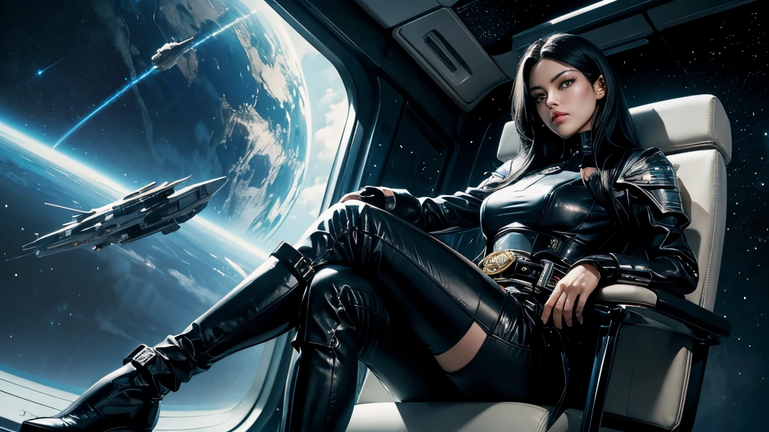 A beautiful woman. Black hair. Beautiful double eyes. The bridge of my nose. Well-shaped lips. Twenty-five years old. She is looking at the camera with a defiant expression. She wears a black metallic battle uniform that covers her entire body. On his waist is something reminiscent of Kamen Rider's transformation belt. She is sitting in a luxurious leather chair on a space battleship. Outer space can be seen outside the spaceship window.