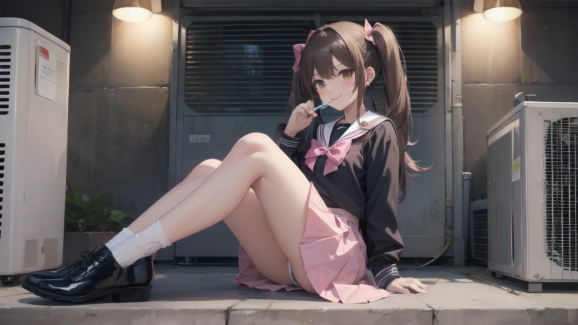 One girl, alone, View your viewers, skirt, Brown Hair, shirt, Long sleeve, bow, Twin tails, Brown eyes, , whole body, shoes, shoes下, Sailor collar, Black footwear, Twin Blade, Cosplay, blue bow, white shoes下, pink skirt, Photo Background, pink Sailor collar、Hold a  in your mouth、A defiant smile、skirtを上げる 薄暗い裏路地、Sit on the air conditioner's outdoor unit