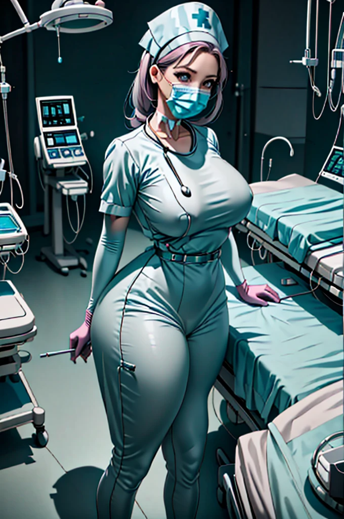 nurse uniform,hospital,  nurse suit,nurses,,elbow gloves,labcoat,grey hair woman,grey eyes , gigantic ,medical instruments,asian nurse,two nurses,,examination room,oversize ,big  ,, lay on table ,legs spreaded,giving birth,gyno chair , dentist,,,pink uniform,oversize 