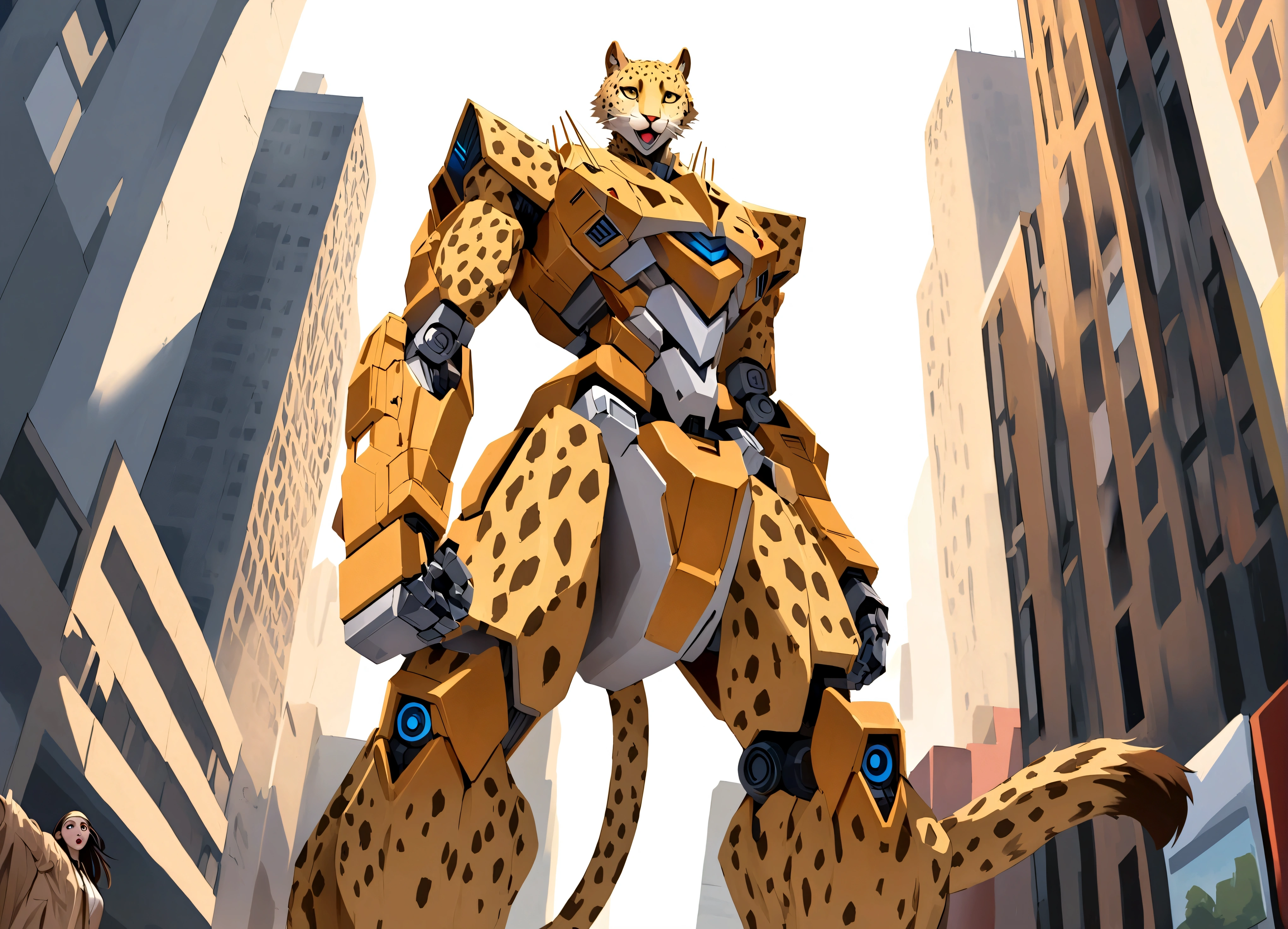 A transformer in humanoid robot mode with Cheetah motif (its beast mode is a Cheetah) is talking to a startled woman, downtown new York